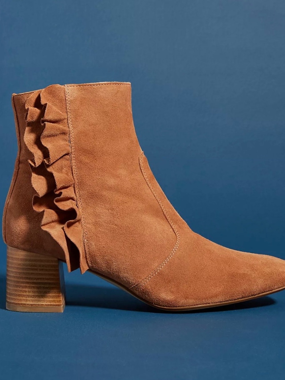 Anthropologie Mia Ruffled Ankle Boots rich brown suede finish SZ 37/US 6-6.5